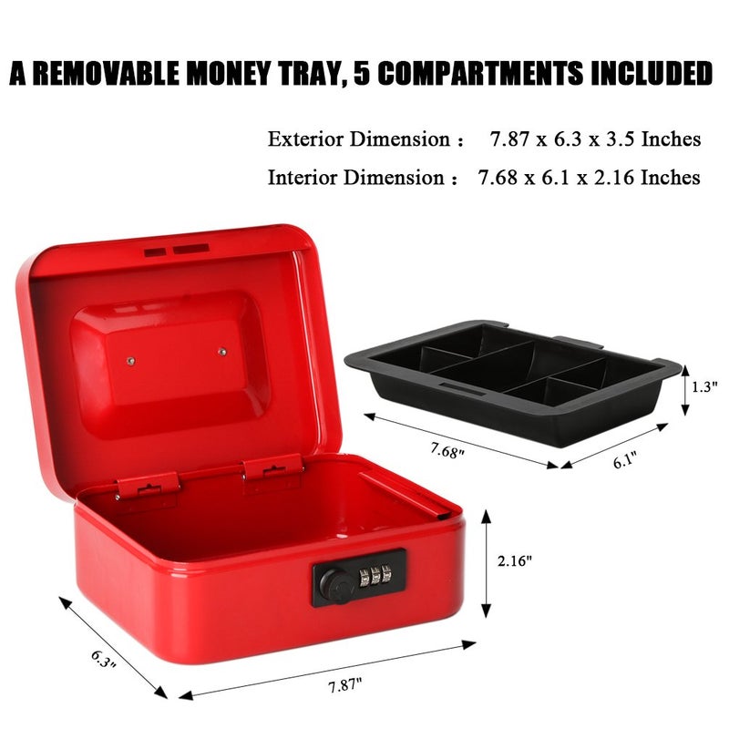 Jssmst Medium Cash Box with Combination Lock - Durable Metal Cash Box with Money Tray Red, 7.87 x 6.3 x 3.35 inches, CB0703M - Image 3